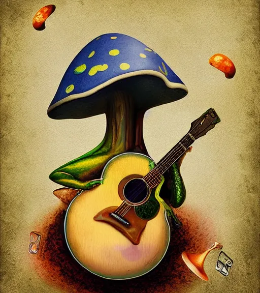 Prompt: a frog playing guitar on a hallucinogenic mushroom by nikolina petolas