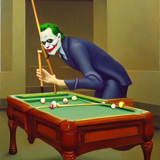 Image similar to the joker playing pool by tooker, george, surrealism, magical realism, scene