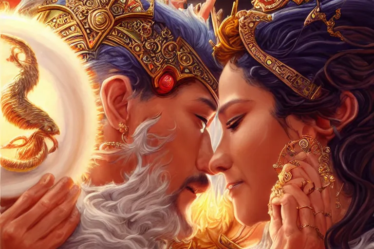 Image similar to close up moment of a divine a sun god and a moon goddess lovers magician at a wedding banquet, highly detailed, d & d, fantasy, highly detailed, digital painting, trending on artstation, concept art, sharp focus, illustration, art by artgerm and greg rutkowski and magali villeneuve