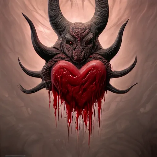 Image similar to the elegant devil holding a heart dripping blood, very detailed by style of gerald brom and wayne barlowe and tyler edlin, digital art, trending on artstation, unreal engine 5 rendered, 8 k, vray lights