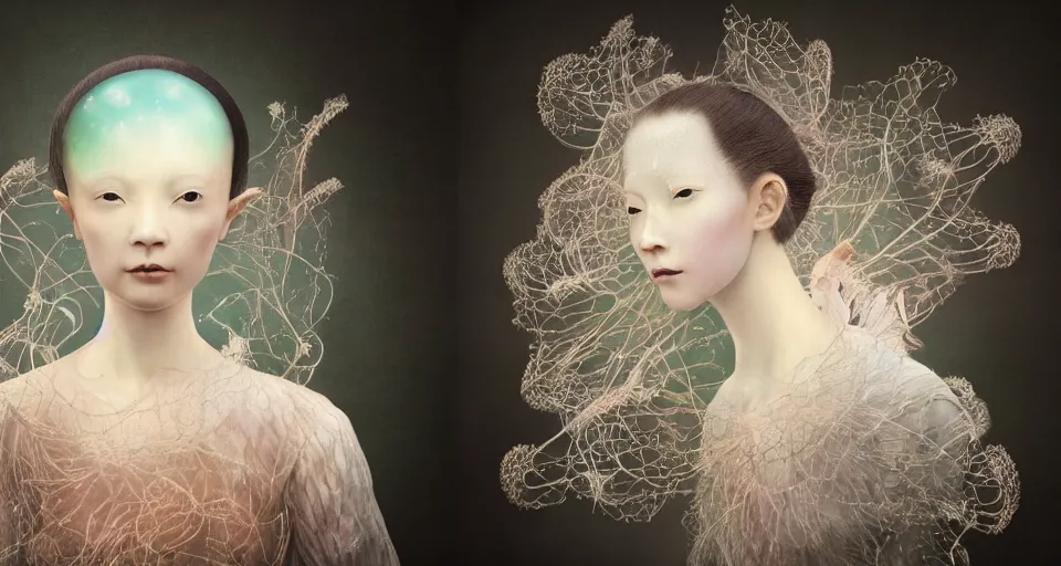 Image similar to closeup shot of asian female wearing a luminous soft fragile jelly fish dress, symmetrical face, by ray caesar, by louise dahl wolfe, by andrea kowch, by anna claren, surreal photography