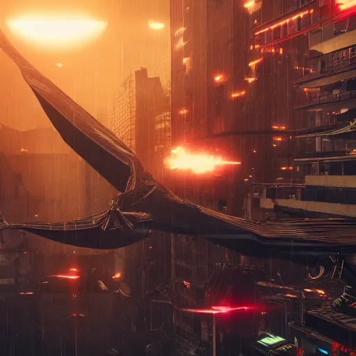 Prompt: a pterodactyl shooting lasers from is eyes flying over a destroyed city cyberpunk, fantasy, 4 k, octane render