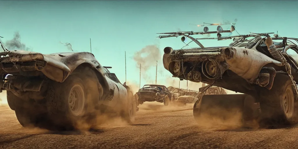 Prompt: mad max fury road film still with the dolorean ( back to the futur ), racing on a post apocalyptic highway, gta 5, fallout 4, rocket league, hyper detailed, forza, smooth, high contrast, volumetric lighting, octane, george miller, jim lee, vibrant rich deep color, comic book, ridley scott