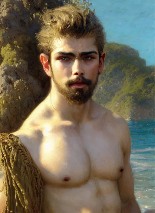 Image similar to detailed cinematic wide shot of muscular attractive young latino man beard slim face symmetrical face tanskin green eyes white hair wearing sea clothes, ultra realistic, spring light, painting by gaston bussiere, craig mullins, j. c. leyendecker