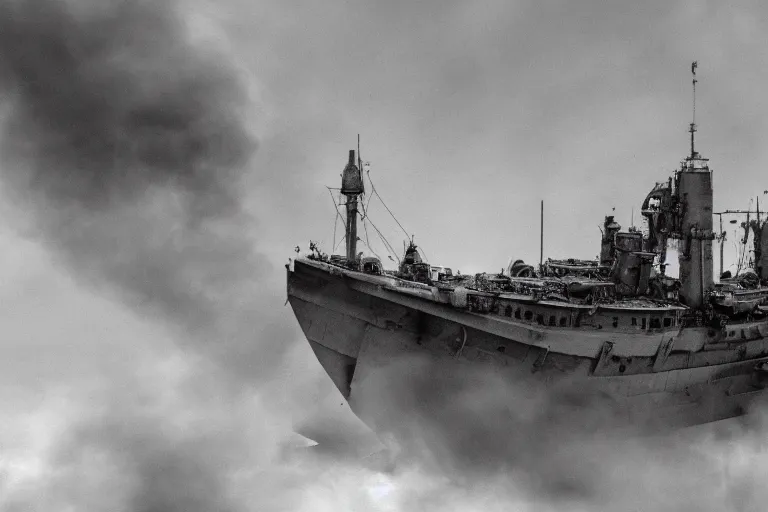 Prompt: dieselpunk battleship rolling onto its side, capsizing, clouds of smoke, bird's eye view, wide shot, 4k high res, 120 black and white film