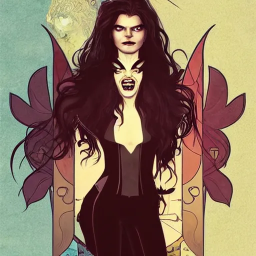 Prompt: pretty female Samara Weaving vampire, Jamie McKelvie comic art, art nouveau, Peter Mohrbacher, Alphonse Mucha, sharp vampire teeth, sarcastic smile, symmetrical eyes, symmetrical face, brown leather jacket, jeans, long black hair, full body