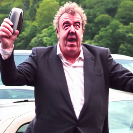 Image similar to Jeremy Clarkson driving and pressing car honk. Angry Jeremy Clarkson driving, honking. Jeremy Clarkson pressing honk while driving.