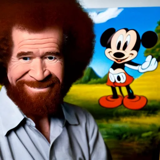 Image similar to a closeup photorealistic photograph of bob ross working on a canvas painting of mickey mouse. film still. brightly lit scene. mountains and trees. this 4 k hd image is trending on artstation, featured on behance, well - rendered, extra crisp, features intricate detail, epic composition and the style of unreal engine.