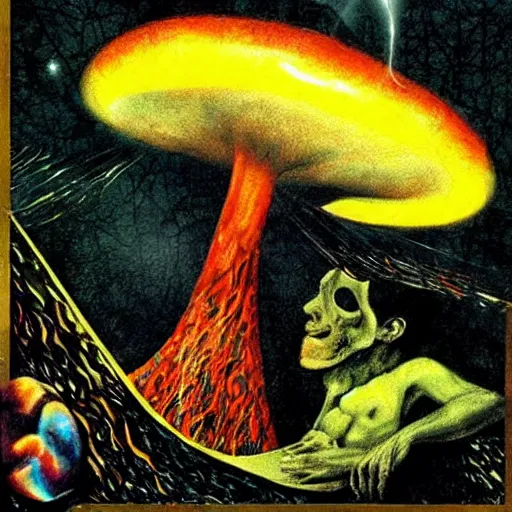 Image similar to psychedelic mushrooms dream, by dave mckean