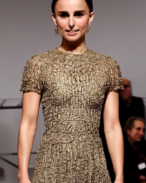 Prompt: nathalie portman at the new york fashion week, wearing an outfit made from golden chains, photo by greg rutkowski, soft lighting, female beauty, intricate detail, elegance, sharp shapes, masterpiece