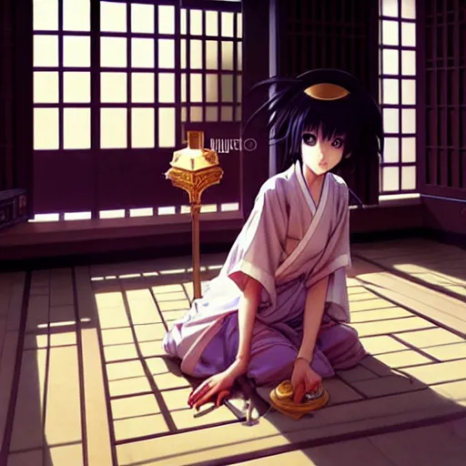 Image similar to digital manga anime art, beautiful female priestess sweeping the floor of a japanese monastery. art by wlop, ilya kuvshinov, artgerm, krenz cushart, greg rutkowski, hiroaki samura, range murata, james jean, katsuhiro otomo, erik jones.