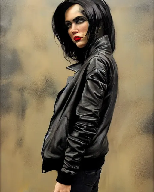 Prompt: greg manchess portrait painting of a punk woman in a leather bomber jacket, medium shot, asymmetrical, profile picture, organic painting, rainy night, matte painting, bold shapes, hard edges, street art, trending on artstation, by huang guangjian and gil elvgren and sachin teng