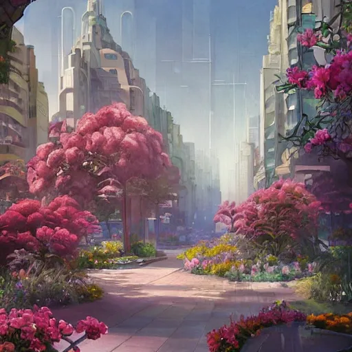 Image similar to a painting of an art - deco cityscape surrounded by flowers, a watercolor and matte painting by magali villenueve and mandy jurgens and charlie bowater, cgsociety, artdeco, utopia art, sci - fi, artstation hq