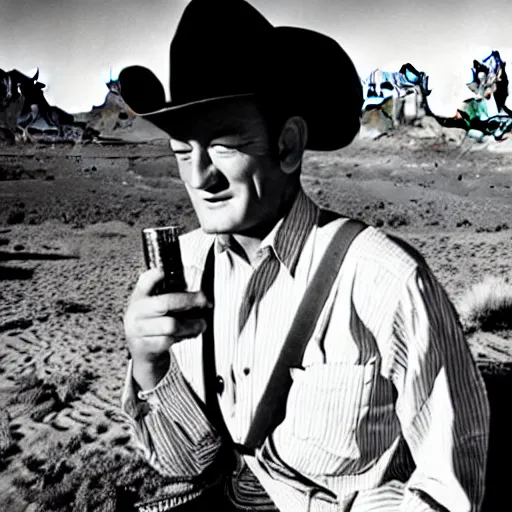 Image similar to a cinematic 5 0 s portrait photography of john wayne smoking a big joint, cowboy, monument valley landscape, flying saucer, farwest,