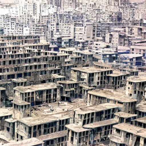 Image similar to brutalist city, prison city, totalitarian prison island, hashima island, rundown buildings, military buildings, prison complex, colorized 1 6 mm photo