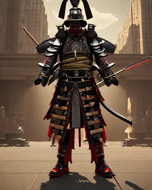 Prompt: photoreal professional character concept art, physically based octane render of a musicpunk samurai, wearing epic level 99 armour :: cinematic action posing, full view, epic, centered composition, beautiful, a vast orchestra chamber hall in the background