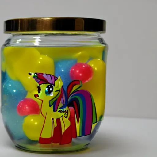 Image similar to a my little pony figure in a jar covered in a mysterious sticky yellowish fluid