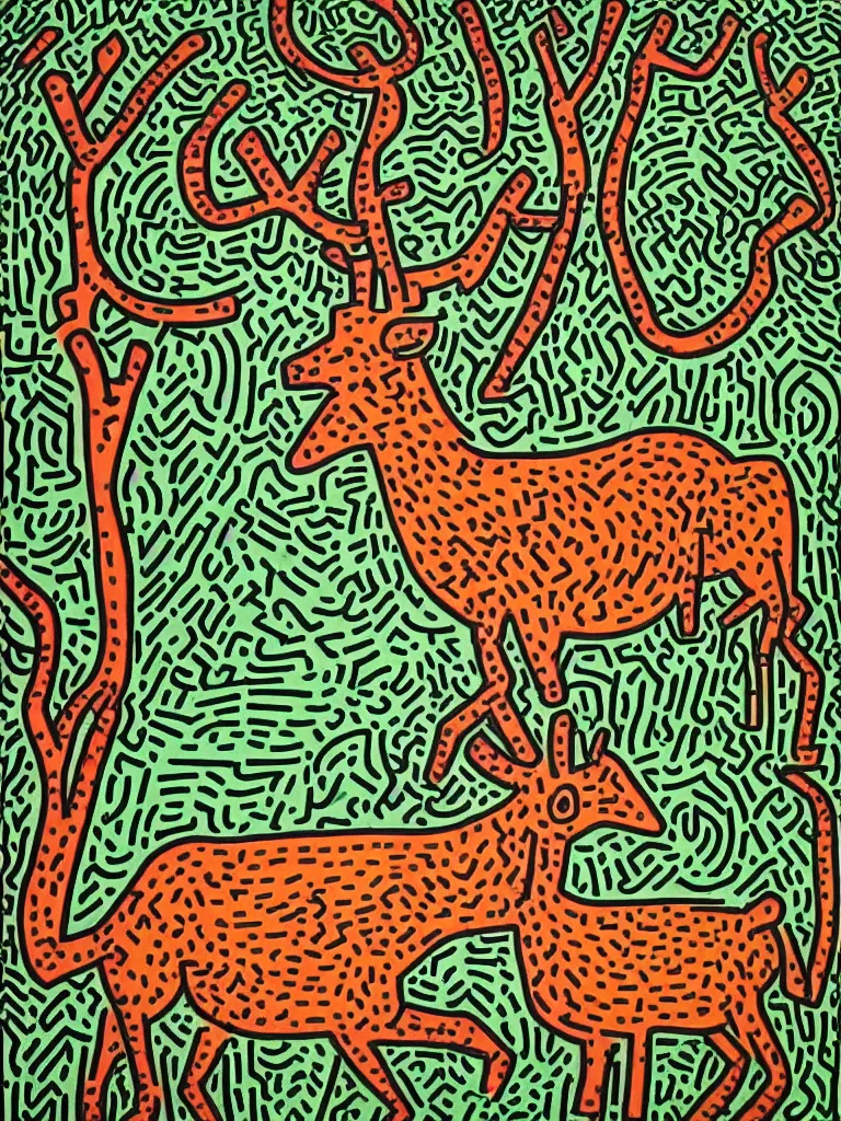 Prompt: a deer in the forest, Keith Haring