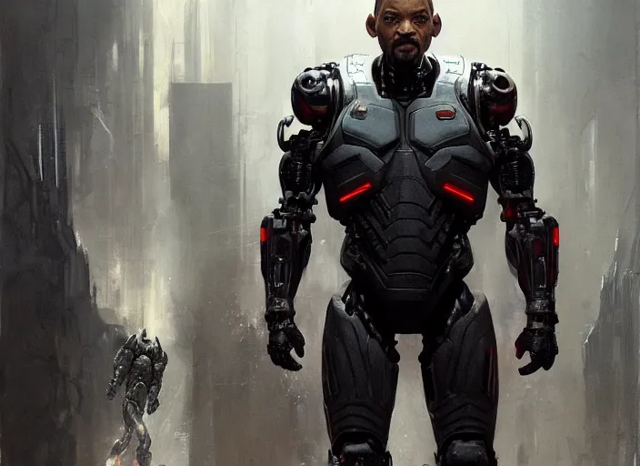 Image similar to will smith as victor stone, full body concept, cyborg, borg, strogg, face of a man, terminator, flesh, quake strogg, doom demon, wolfenstein, monstrous, powerful, symmetry, symmetrical, concept art by ruan jia and greg rutkowski