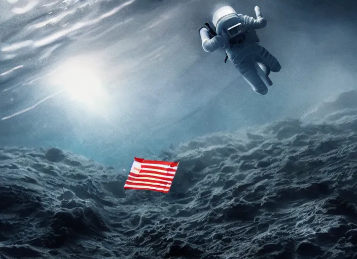 Image similar to astronaut underwater putting a flag in the sand of the bottom of the ocean. there is a futuristic submarine in the distance. dark, concept art, cinematic, dramatic, atmospheric, 8 k, trending on artstation, low visibility, fog, zack snyder