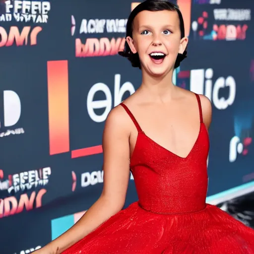 Prompt: Millie bobby brown dancing in a red dress