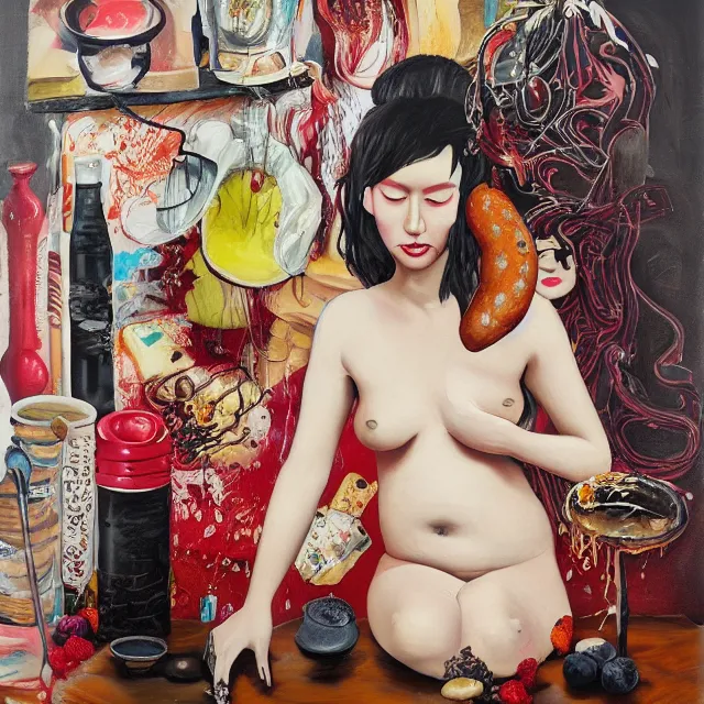 Image similar to sensual, a portrait in a female art student's bedroom, black walls, a woman sitting on a bed made of pancakes, honey dripping, berries dripping, chocolate, surgical supplies, ikebana, octopus, neo - expressionism, surrealism, acrylic and spray paint and oilstick on canvas