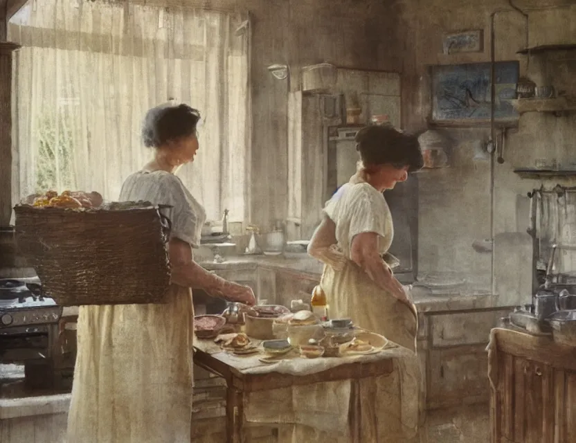 Image similar to grandmother cooking in a kitchen in country house, back view, cottage core, cinematic focus, polaroid photo bleached vintage pastel colors high - key lighting, soft lights, foggy, by steve hanks, by lisa yuskavage, by serov valentin, by tarkovsky, 8 k render, detailed, oil on canvas