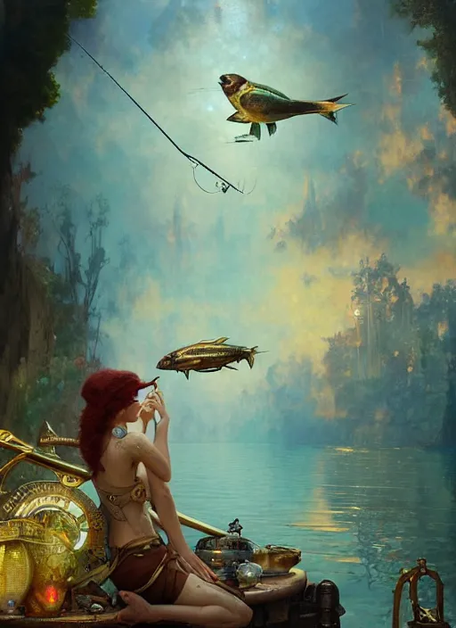 Image similar to hyper realistic fisherman, birds eye view, magical, gems, jewels, gold, steampunk, cyberpunk utopia, painted by tom bagshaw, mucha, gaston bussiere, craig mullins, j. c. leyendecker 8 k