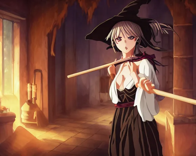 Prompt: key anime visual portrait of a young robed female witch holding a staff in a tavern interior, dynamic pose, dynamic perspective, cinematic, dramatic lighting, muted colors, fine detail, textured