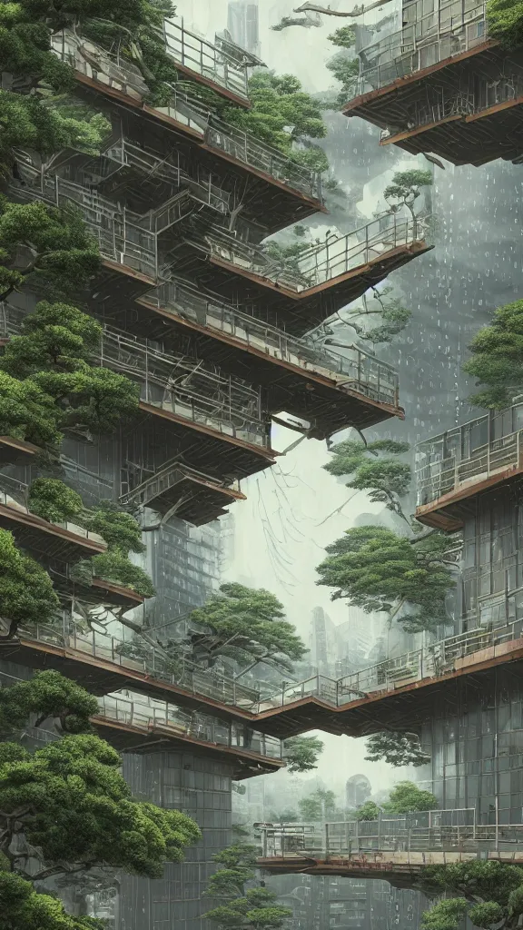 Prompt: photo in style of hokusai and piranesi. biopunk timber futuristic building in a urban setting. ultrarealistic. rainy morning. mossy buildings have deep tall balconies with plants, trees, and many figures in bright clothing. thin random columns, large windows, deep overhangs. greeble. 8 k, volumetric lighting. god rays