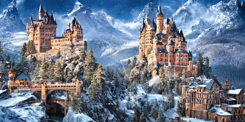 Image similar to a large castle amidst snowy mountain tops,lots of details,bridges,impossible,landscape,beautiful,pizza