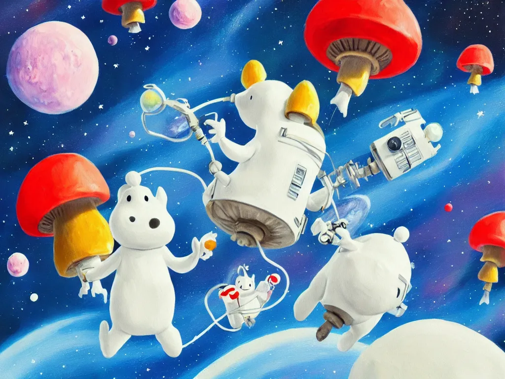 Image similar to moomins in space suits flying around with jetpacks discovering the mushroom planet, looking cute, photorealistic painting, movie still, warm colors, fluffy, cozy, low light, trending on artstation