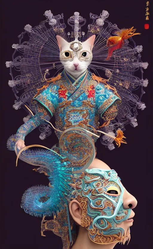 Prompt: 3 d cat close - up profile portrait with crown, beautiful intricately detailed chinese peking opera mask and classical ancient chinese clothes. betta fish, jellyfish, phoenix, bio luminescent, plasma, ice, water, wind, creature, artwork by tooth wu and wlop and beeple and greg rutkowski and victo ngai