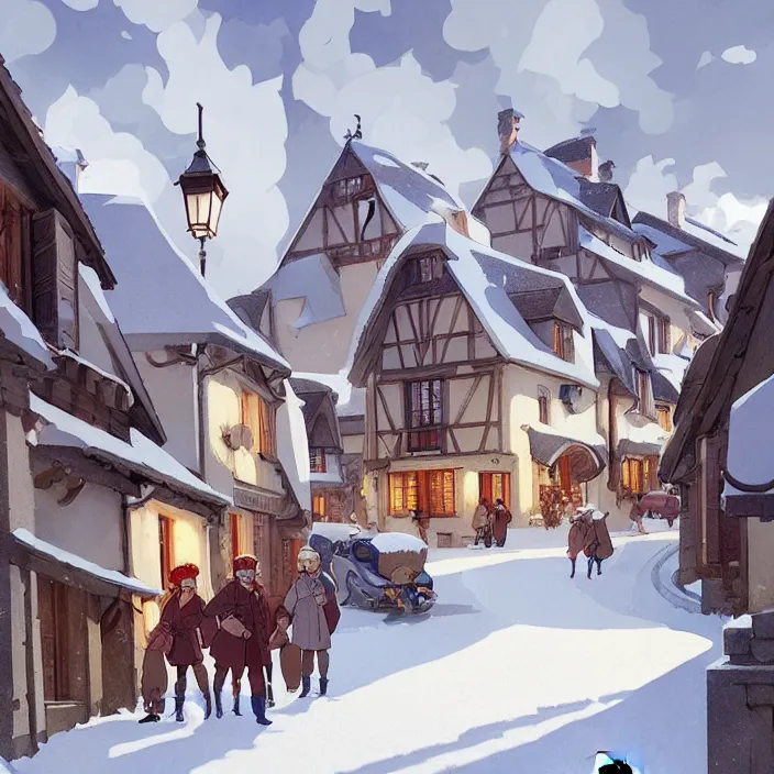 Prompt: french rural town, winter, in the style of studio ghibli, j. c. leyendecker, greg rutkowski, artem