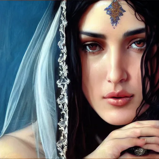 Image similar to Beautiful face Portrait of crying young arab Monica Bellucci, really big blue eyes, long wavy black hair, white veil, closeup, focus face, colored, middle eastern, dramatic lighting, intricate, wild, highly detailed, digital painting, artstation, concept art, smooth, sharp focus, illustration, art by artgerm and greg rutkowski and alphonse mucha, footage from space camera