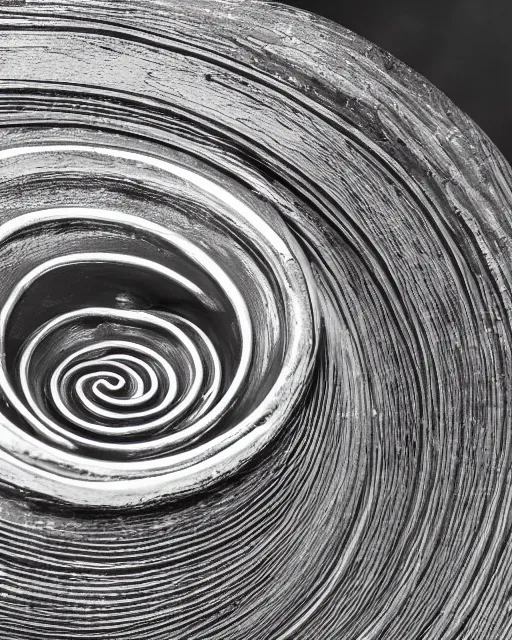 Prompt: studio shot of an intricate silver spiral statue, professional close up, textured silver, scratched metal, well lit professional photo, chromatic, HD photography, 4k