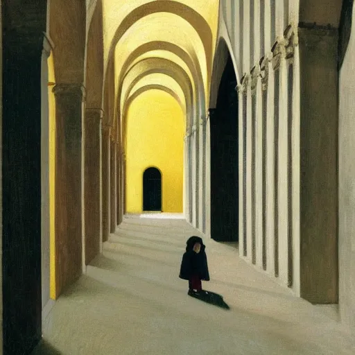 Image similar to in the distance, a little girl with short black hair and wearing a yellow coat alone in the inner courtyard of a cloister in an abbey, the light is bright and wintry, painting by hopper and de chirico