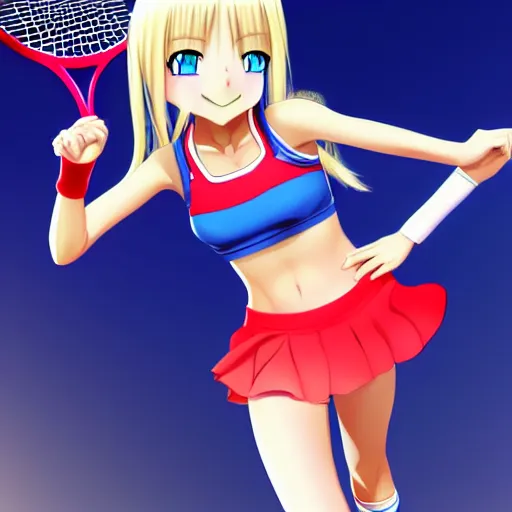 Prompt: a very beautiful young anime tennis girl, long blond hair, sky blue eyes, full round face, short smile, bikini, miniskirt, highly detailed, cinematic wallpaper by stanley artgerm lau
