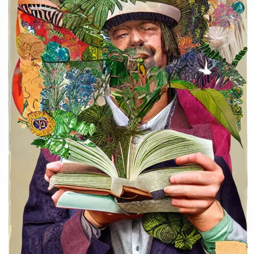 Prompt: HD 8x hyperdetailed mixed media collage portrait of a man with a maximalist hat made of plants, reading a book to a child