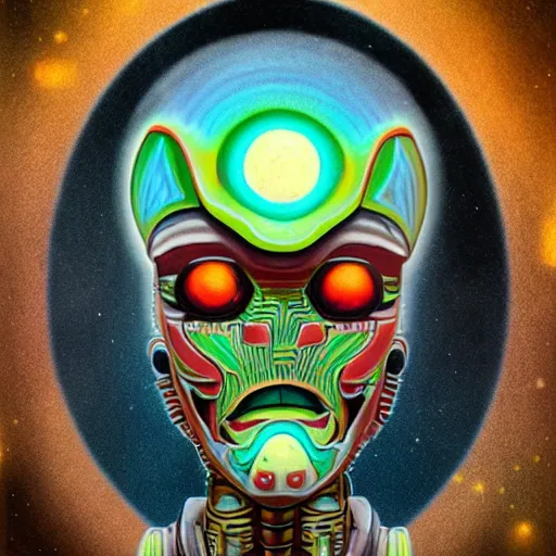 Image similar to alien robot shaman, talisman, prism, lowbrow surrealism