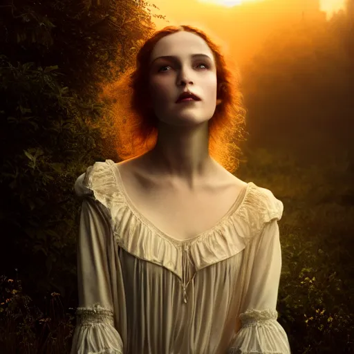 Image similar to photographic portrait of a stunningly beautiful gothic art nouveau secessionist movement female in soft dreamy light at sunset, contemporary fashion shoot, by edward robert hughes, annie leibovitz and steve mccurry, david lazar, jimmy nelsson, breathtaking, 8 k resolution, extremely detailed, beautiful, establishing shot, artistic, hyperrealistic, beautiful face, octane render