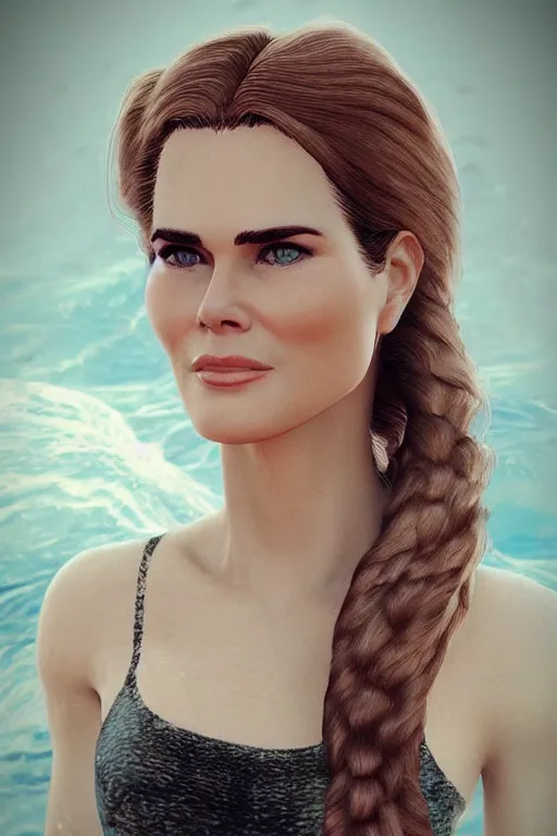 Image similar to mix of beautiful young maria shriver, mariel hemmingway, brooke shields, nicole kidman and elle macpherson as a mermaid, thin lips, hair tied up in a pony tail, brunette hair, colorful, artstation, cgsociety