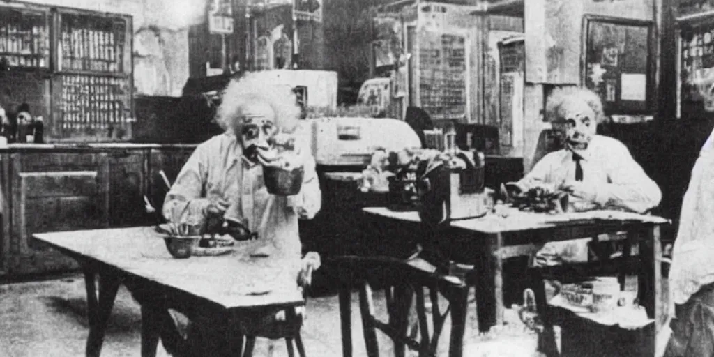 Image similar to old black and white photo of a cat solving M=mc2 on the blackboard in the background, with Albert Einstein eating a bowl of noodles in the Foreground, funny, ironic, silly
