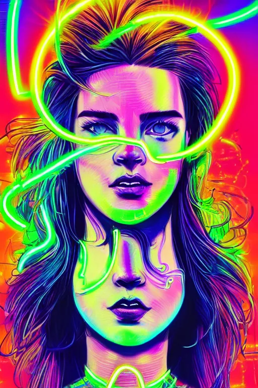 Image similar to a award winning half body portrait of a beautiful woman with stunning eyes in a croptop and cargo pants with hair like rainbow colored smoke by josan gonzales, outlined by whirling illuminated neon lines, outrun, vaporware, shaded flat illustration, digital art, trending on artstation, highly detailed, fine detail, intricate