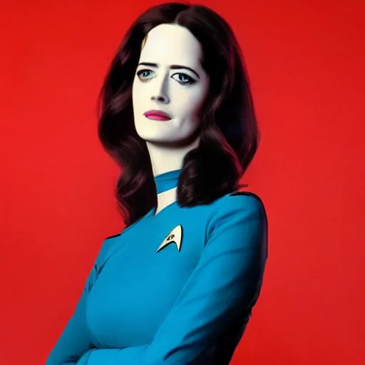 Image similar to a full body photograph of 3 0 year old eva green as a star fleet officer from star trek next generation, ultra rendered, extreme realism and detail, 8 k, highly detailed, realistic, completely framed, hyper realistic, colorful, direct lighting, 3 5 mm photo, photorealistic, sharp focus