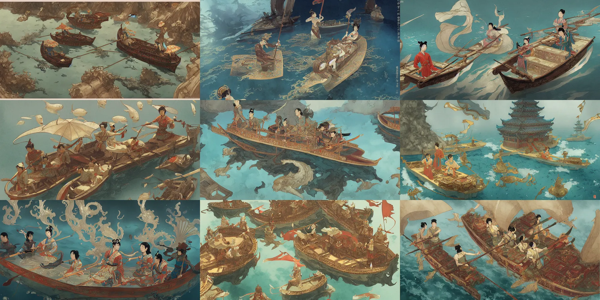 Prompt: tang dynasty, palace underwater, in the style of studio ghibli, j. c. leyendecker, greg rutkowski, artem