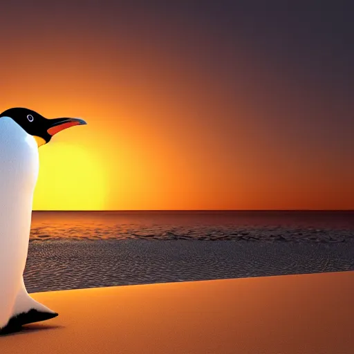 Image similar to realistic penguin at the beach during sunset. high details. 3 d render, octane render, wallpaper