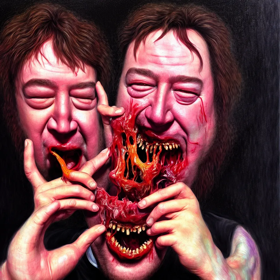 Image similar to weird and disturbing psychedelic bill hicks eating rotten flesh, smiling and puking, diffuse lighting, fantasy, intricate, elegant, highly detailed, lifelike, photorealistic, digital painting, artstation, illustration, concept art, smooth, sharp focus, art by francis bacon