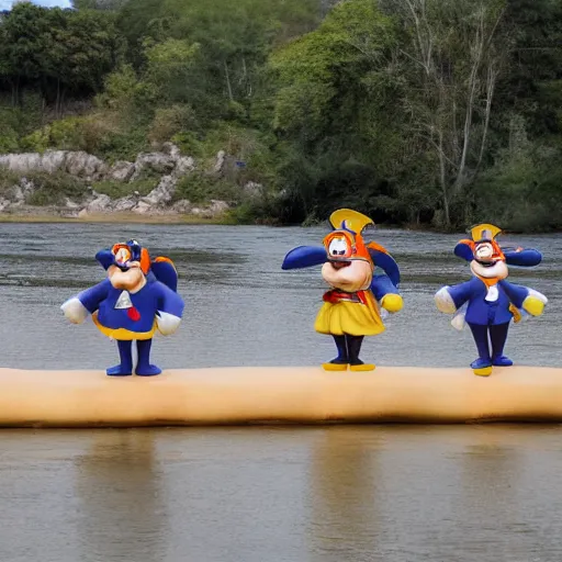Image similar to donald dwarfs carrying a large party sub across a river,