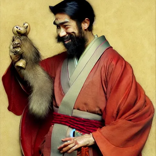 Image similar to a portrait of a hamato yoshi wearing a red kimono, hairy, feet, tail. highly detailed painting by gaston bussiere, craig mullins, j. c. leyendecker, furry